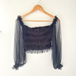 Mable Crop Elegant Black Puff Sheer Sleeve Top